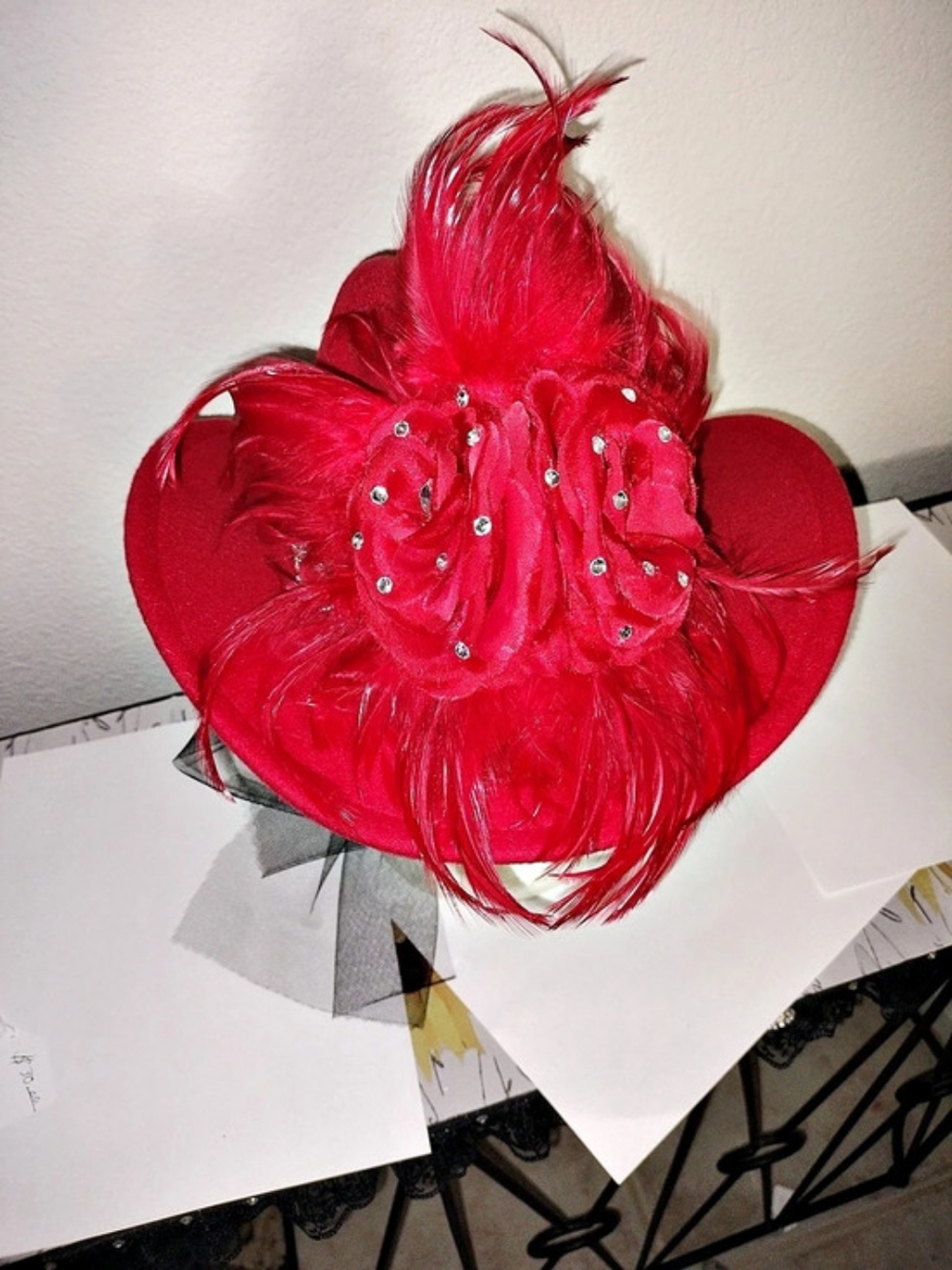 Red Rhinestone Feather Cowboy Hat - Picture 2 of 2